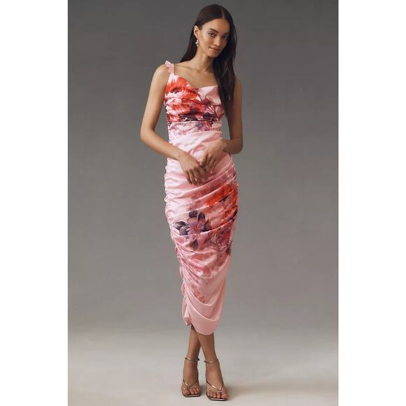 BHLDN Dresses & Skirts - BHLDN Callie Sleeveless Ruched Printed Charmeuse pink Midi Dress